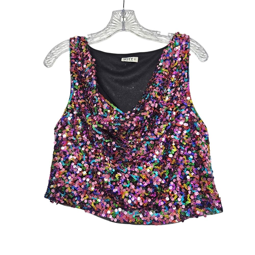 Why Dress Large Multicolor Sequin Cowl Neck Crop Tank Top